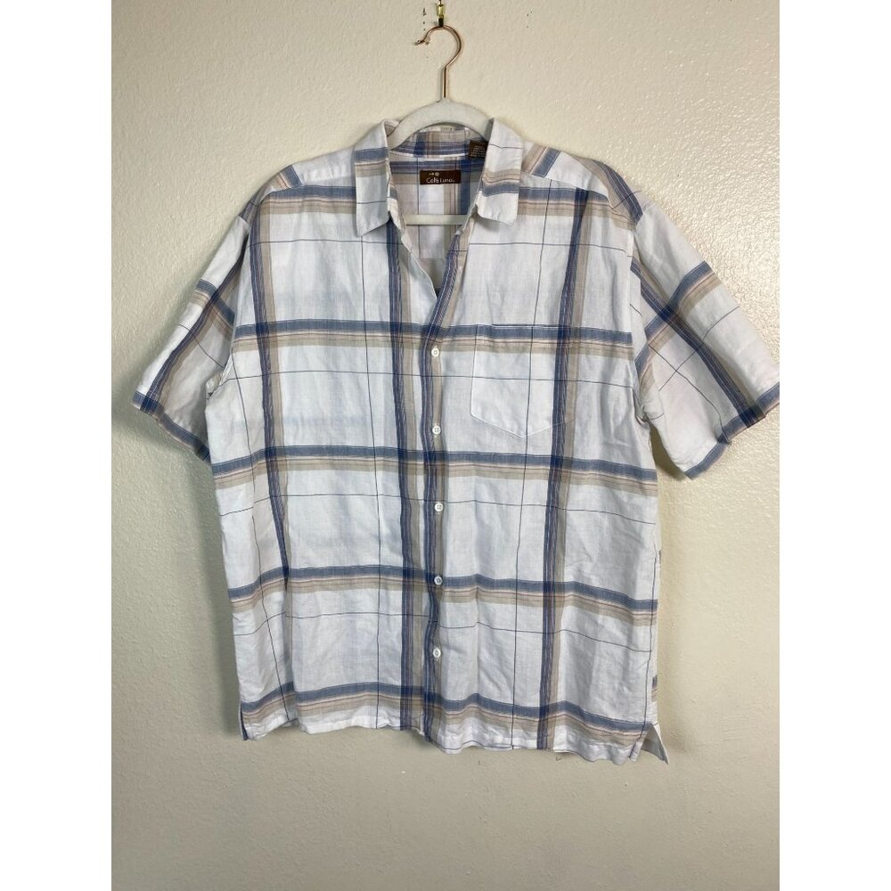 Cafe Luna Mens Ramie Cotton Plaid Short Sleeve Camp Shirt Size Large‎ White Blue